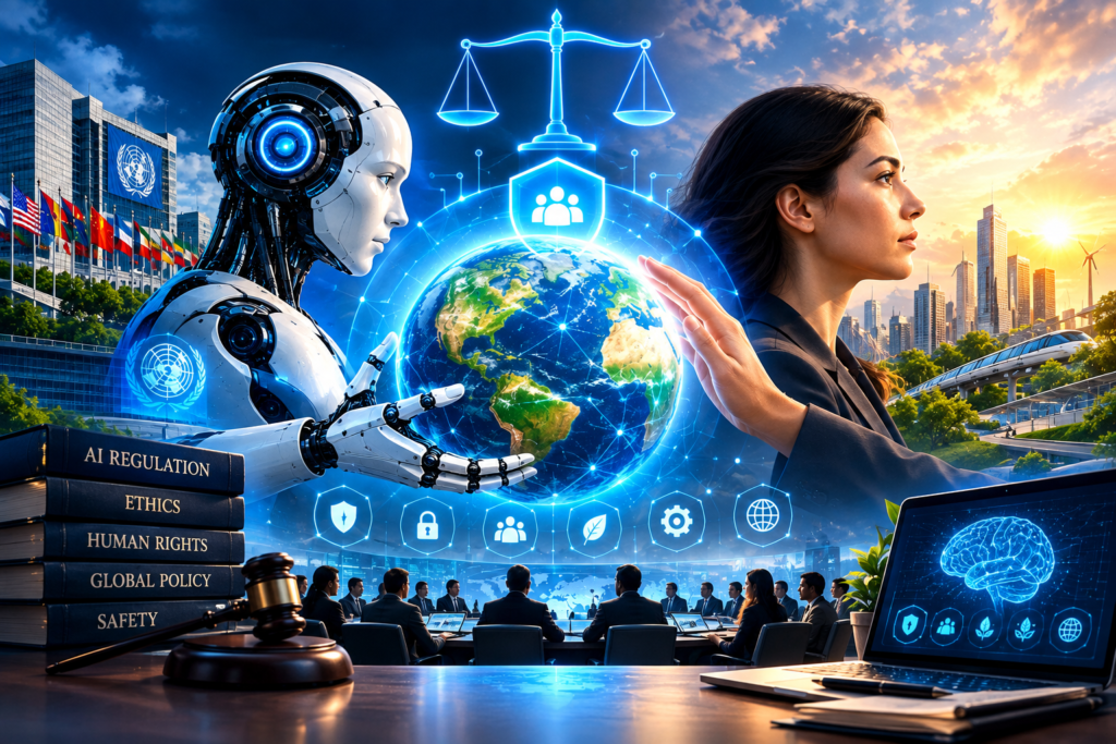 AI Regulation and Humanity symbolized by humans and AI working together to govern artificial intelligence and protect global human safety.