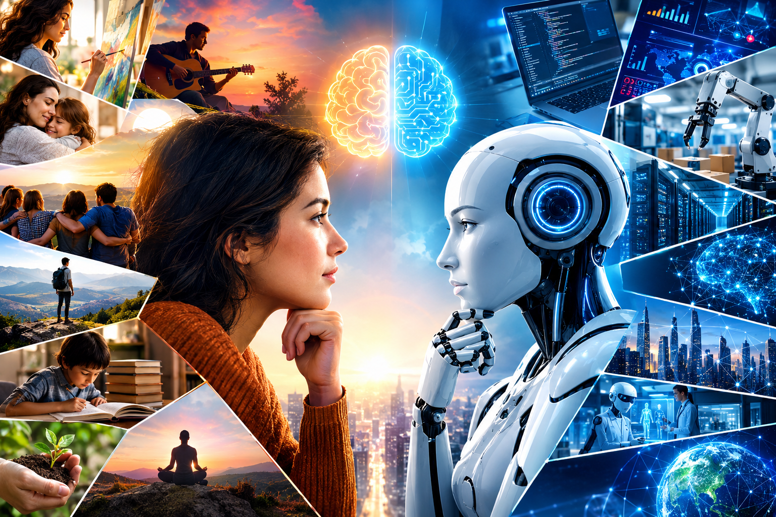 AI vs Human Intelligence concept showing a human and humanoid robot representing creativity, emotions, technology, and artificial intelligence.