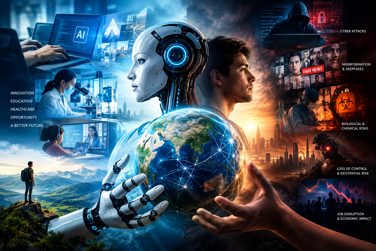 Can AI Really Become a Threat to Humanity? AI risks, human-AI interaction, cybersecurity, misinformation, biological risks, job disruption, and AI safety concerns.