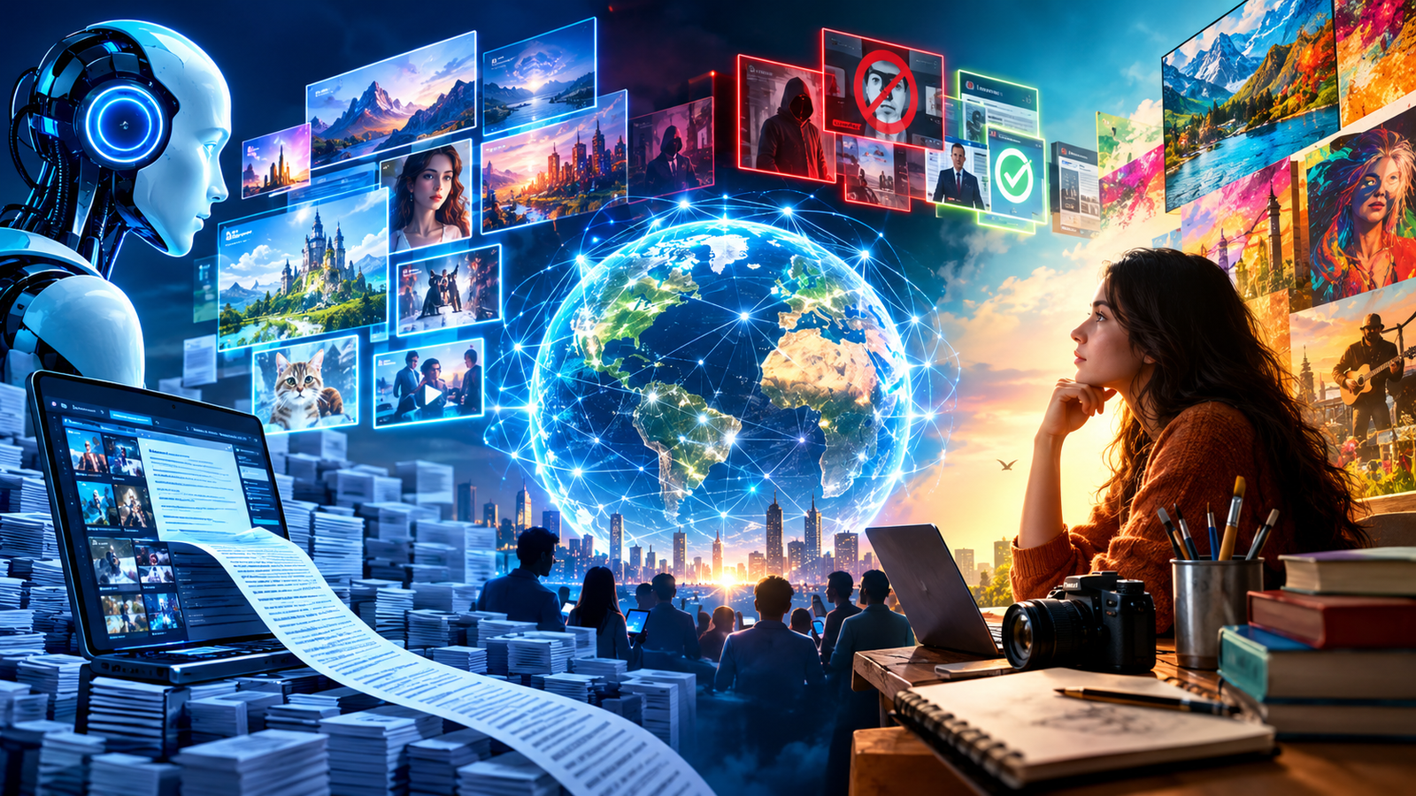 Will AI-Generated Content Destroy the Internet? AI technology, digital content, online trust, and human creativity.