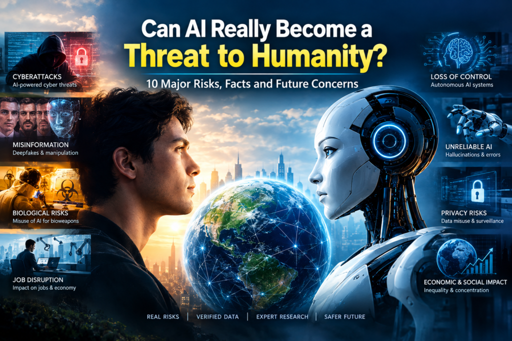Can AI Really Become a Threat to Humanity? 10 major AI risks including cyberattacks, misinformation, biological risks, job disruption, privacy, unreliable AI, and loss of human control.