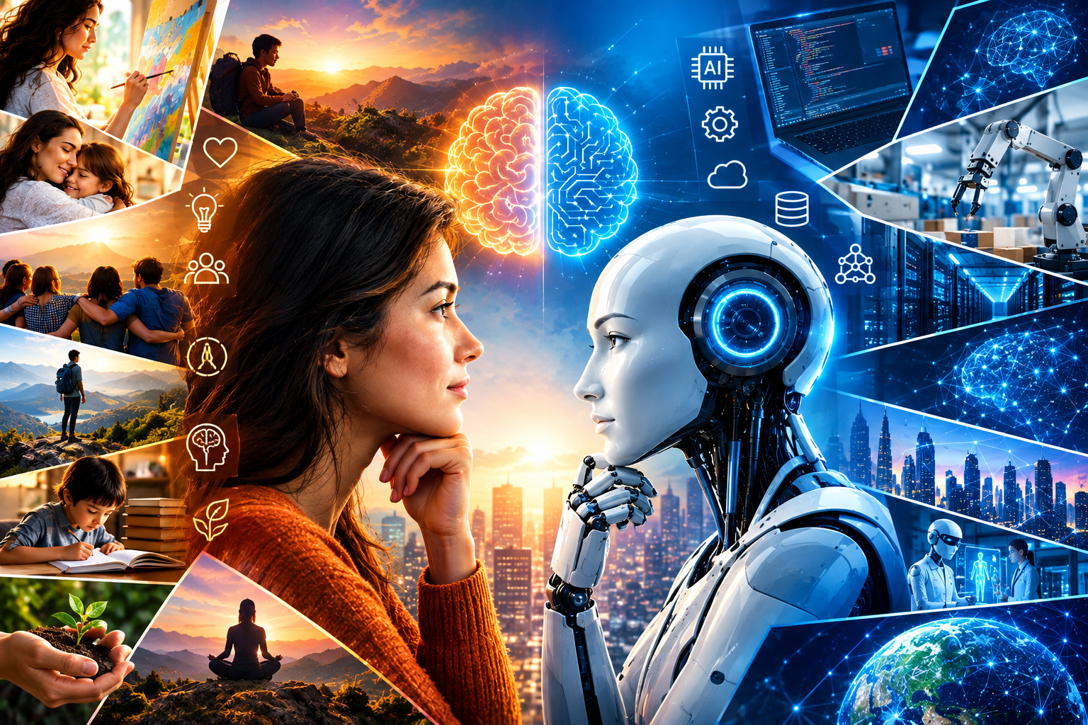 AI vs Human Intelligence: human creativity, emotional intelligence, and artificial intelligence represented through a human and humanoid robot in a futuristic cityscape.