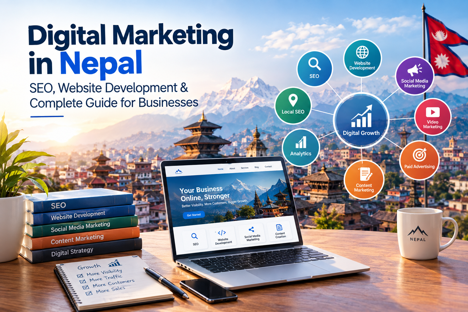 Digital Marketing in Nepal featuring SEO, website development, social media marketing, content marketing, local SEO, paid advertising, video marketing, analytics, and digital business growth against a Kathmandu and Himalayan backdrop.