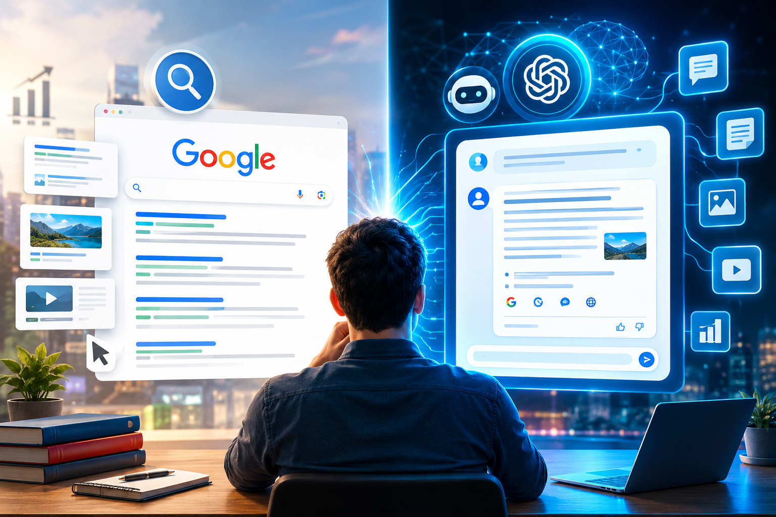 Google Search vs AI Search illustrating the transformation from traditional search results to AI-powered conversational search and the future of SEO.
