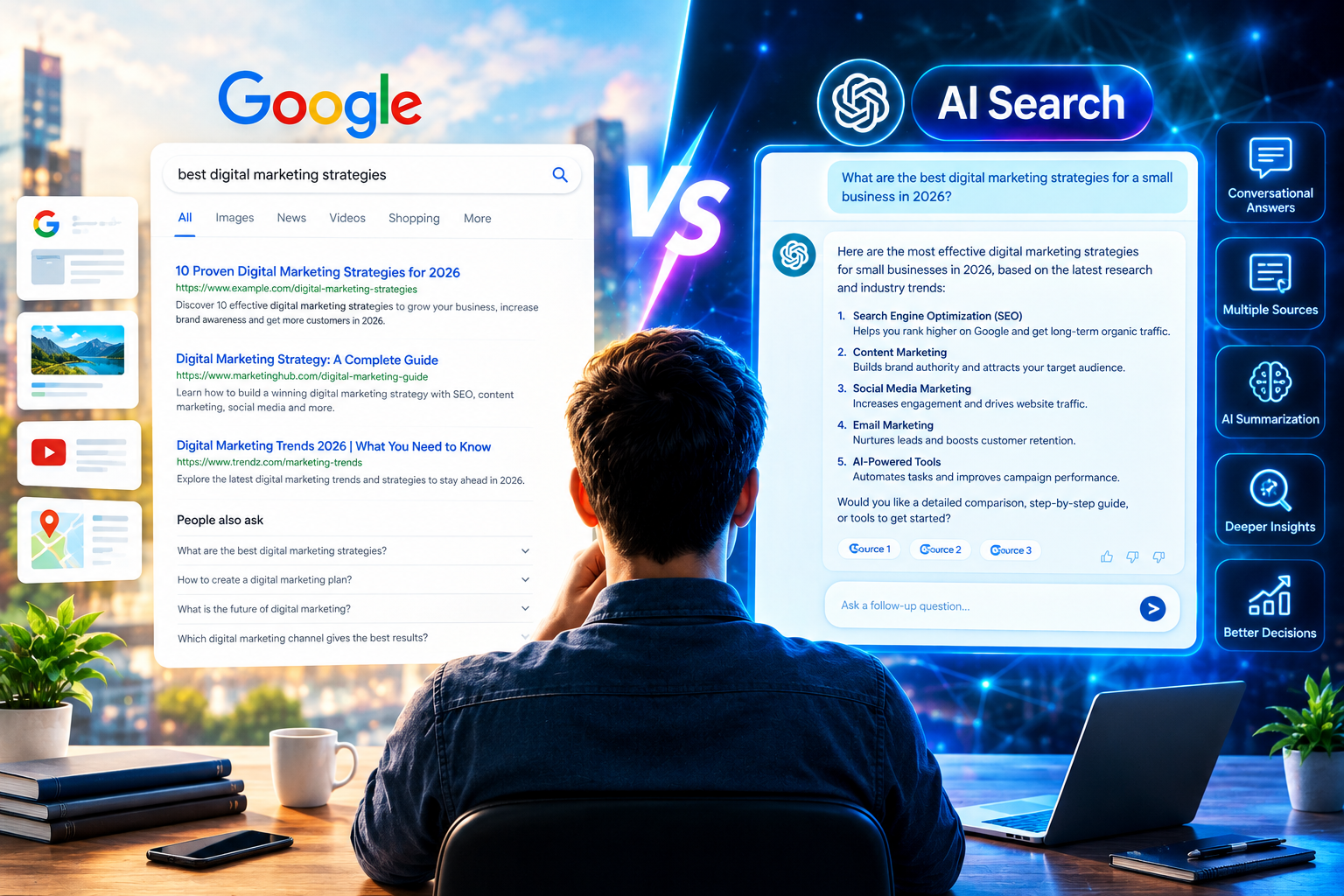Google Search vs AI Search visualization representing the future of search engines, artificial intelligence, and digital marketing.