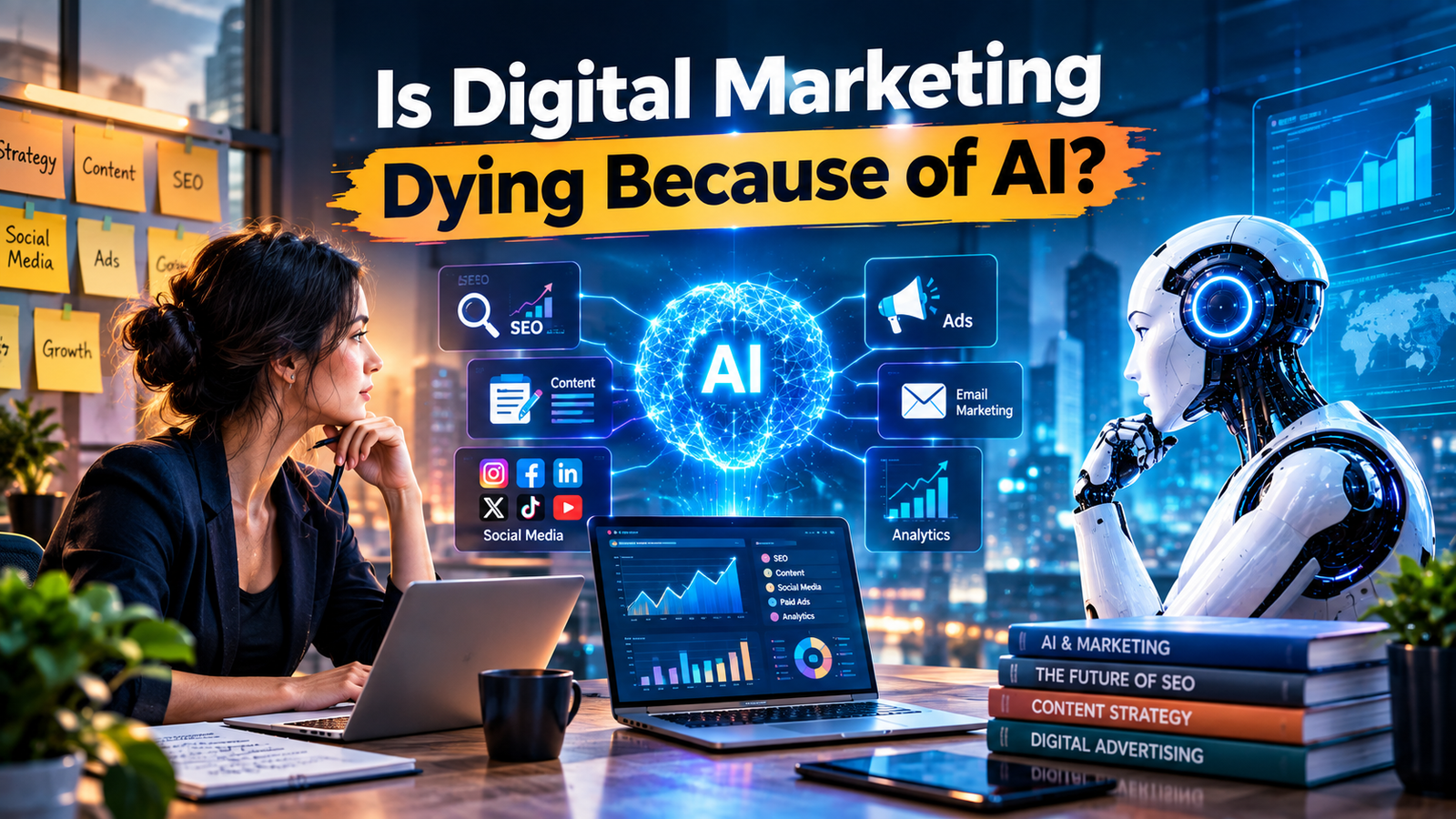 Is Digital Marketing Dying Because of AI? A professional digital marketing workspace showing human creativity, artificial intelligence, SEO, content marketing, and online advertising.