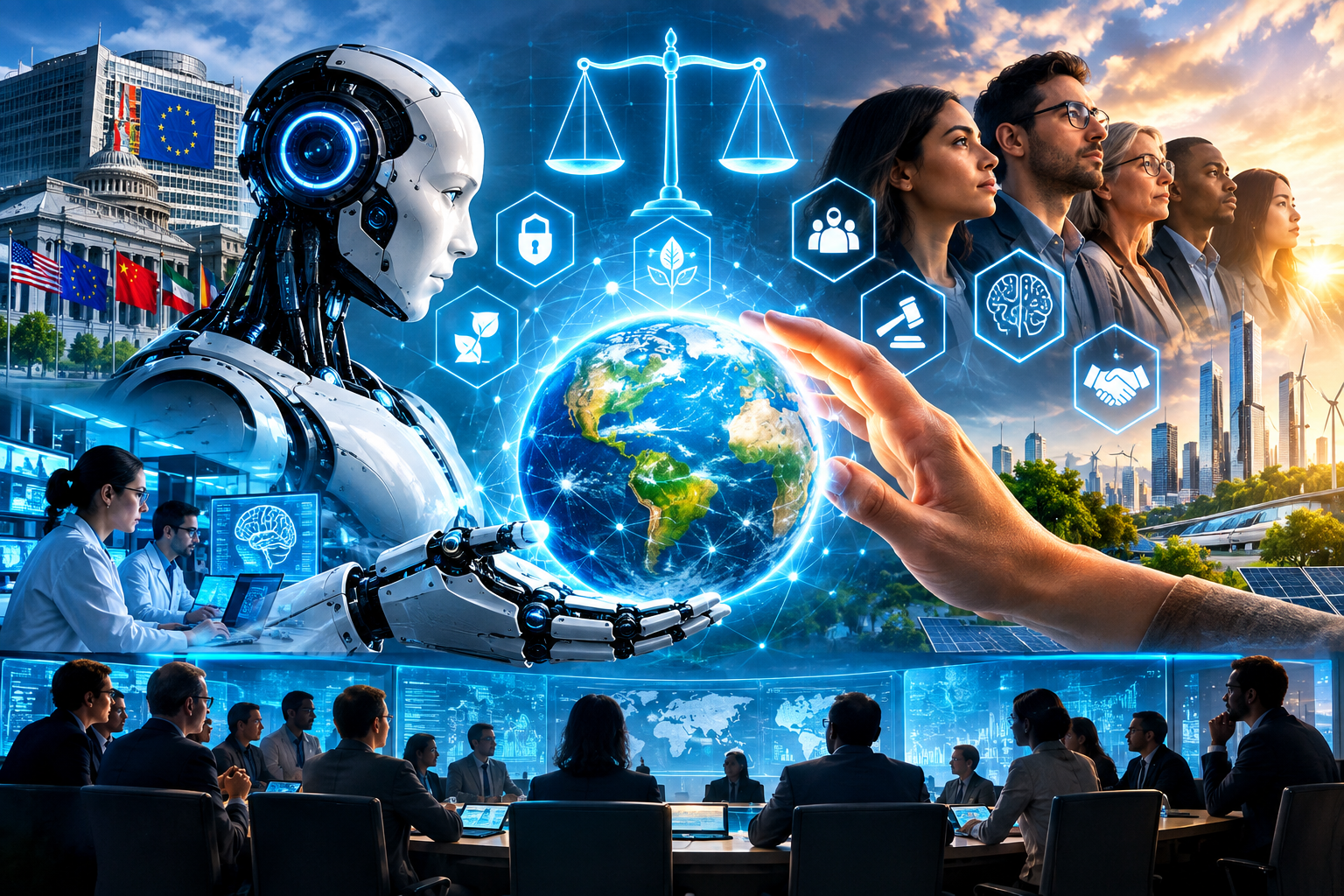 AI Regulation and Humanity represented by humans and artificial intelligence protecting the future of Earth.