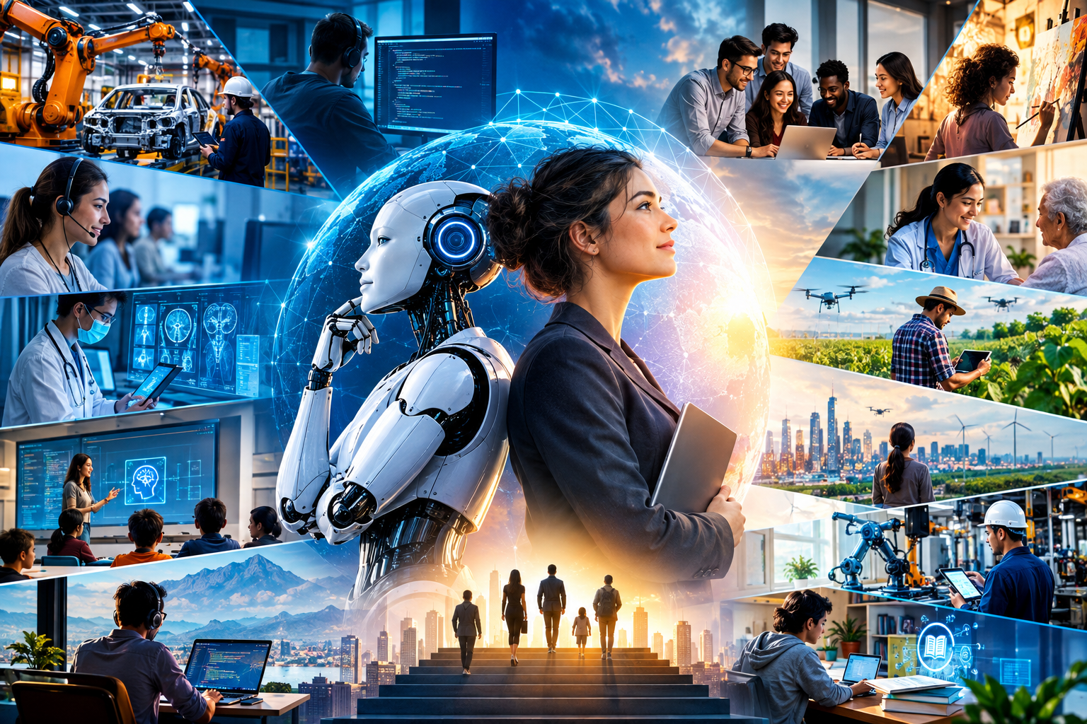 Will AI Take Our Jobs? Artificial intelligence and human workers collaborating to shape the future of work.